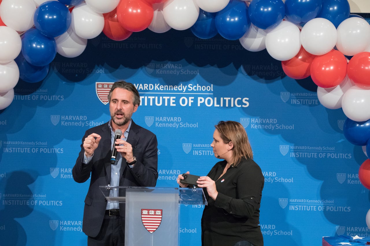Harvard Institute of Politics's director of polling John Della Volpe, left, at an Institute of Politics event in February.
