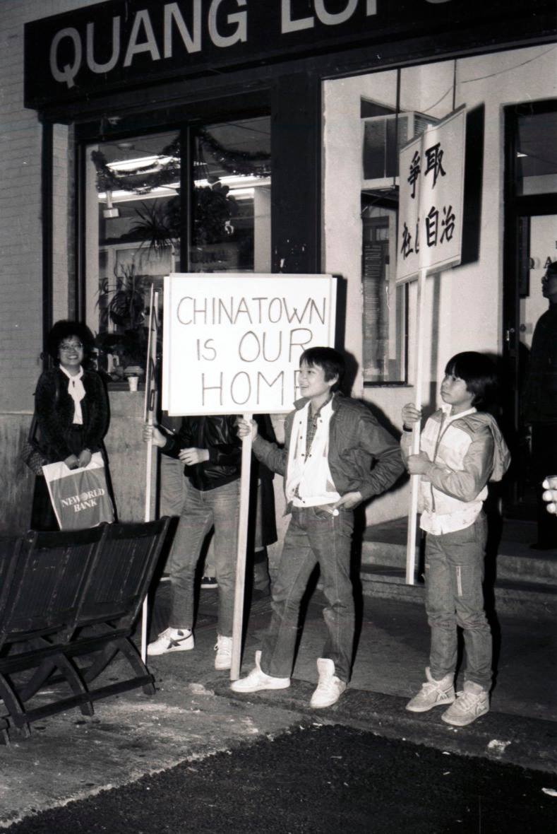 Protestors demonstrate against gentrification in Chinatown.