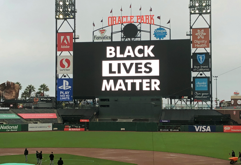 The scoreboard at Oracle Park in San Francisco, where Wednesday's game between the Los Angeles Dodgers and San Francisco Giants was one of three MLB games to be postponed after player conversations.