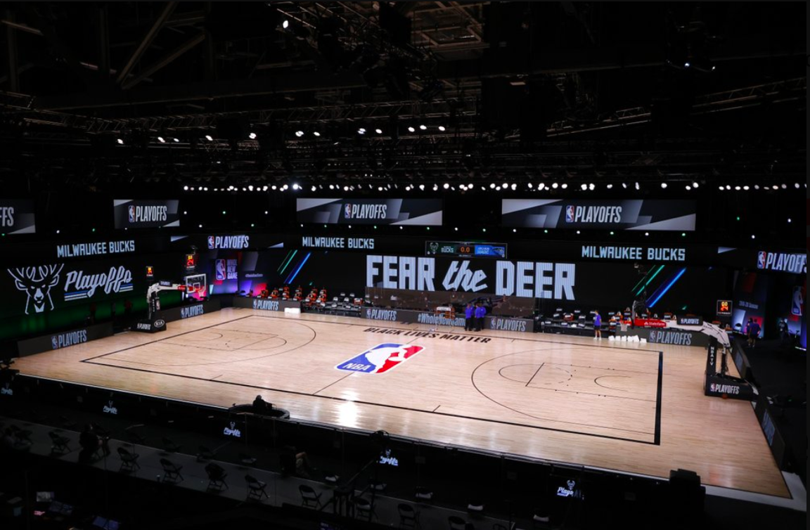 The court at NBA's Walt Disney Bubble, in the moments before the Milwaukee Bucks chose not to take the floor against the Orlando Magic on Wednesday night.
