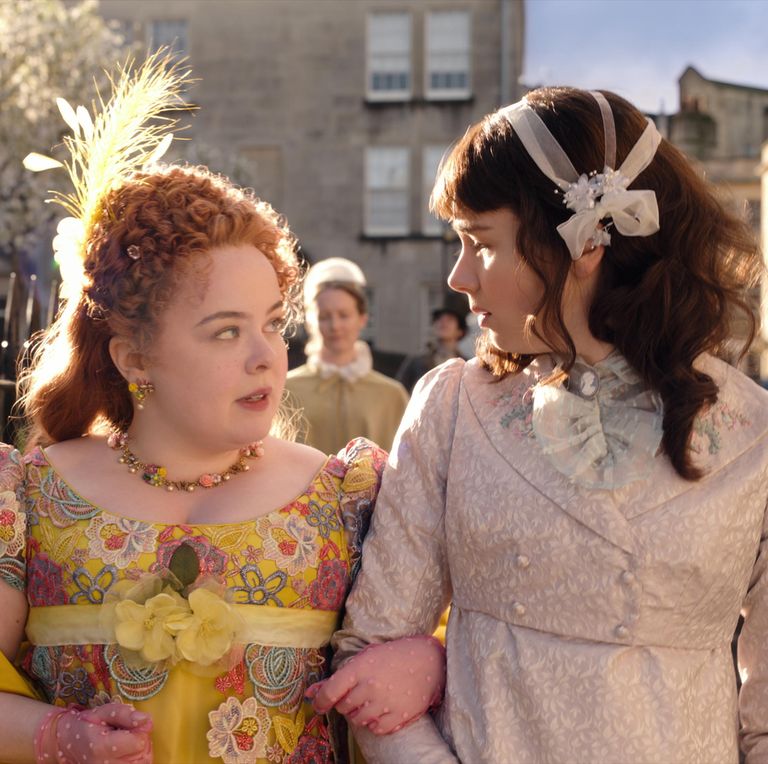Nicola Coughlan as Penelope Featherington and Claudia Jessie as Eloise Bridgerton.