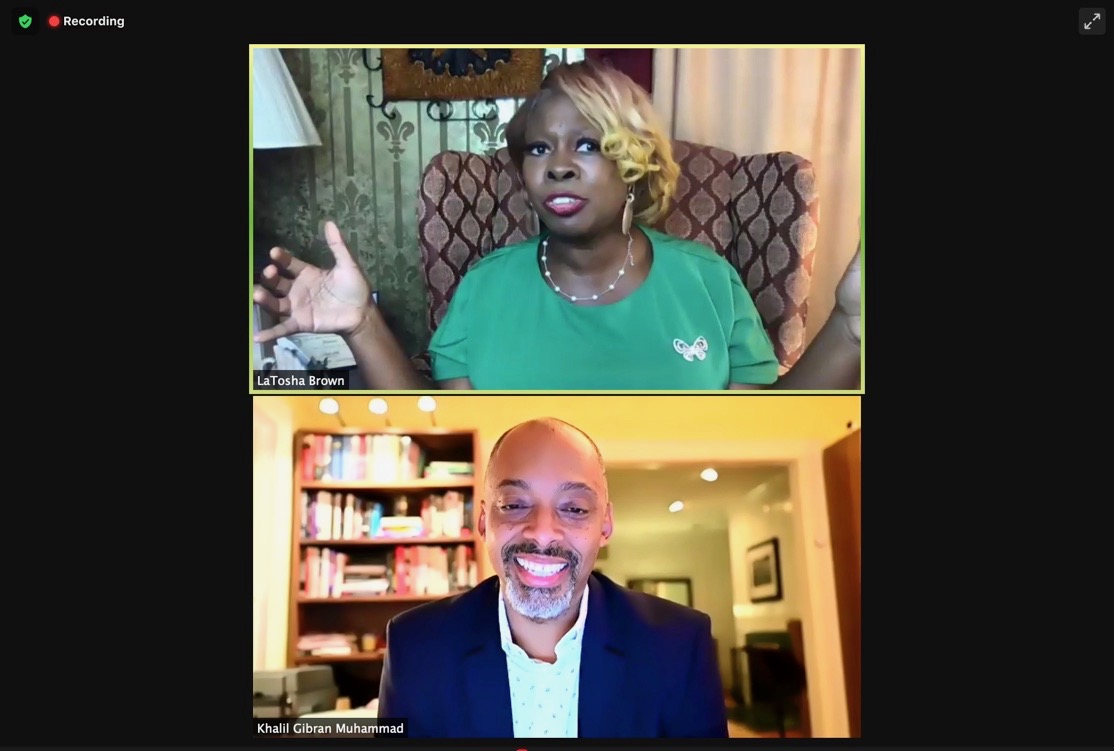 LaTosha Brown, co-founder of Black Voters Matter Fund, speaks at a Harvard Kennedy School event Thursday evening moderated by Kennedy School Professor of History, Race and Public Policy Khalil G. Muhammad.