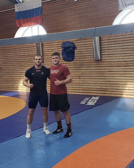 Yaraslau Slavikouski, right, trains in preparation for a full slate of competitions across Europe. In January, the sophomore wrestler earned bronze in Belarus Senior Nationals.