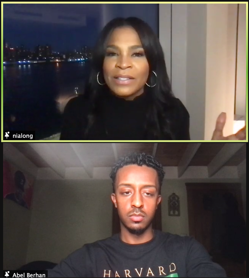 Award-winning actress Nia T. Long speaks at a webinar hosted by the Harvard Black Men’s Forum Monday.