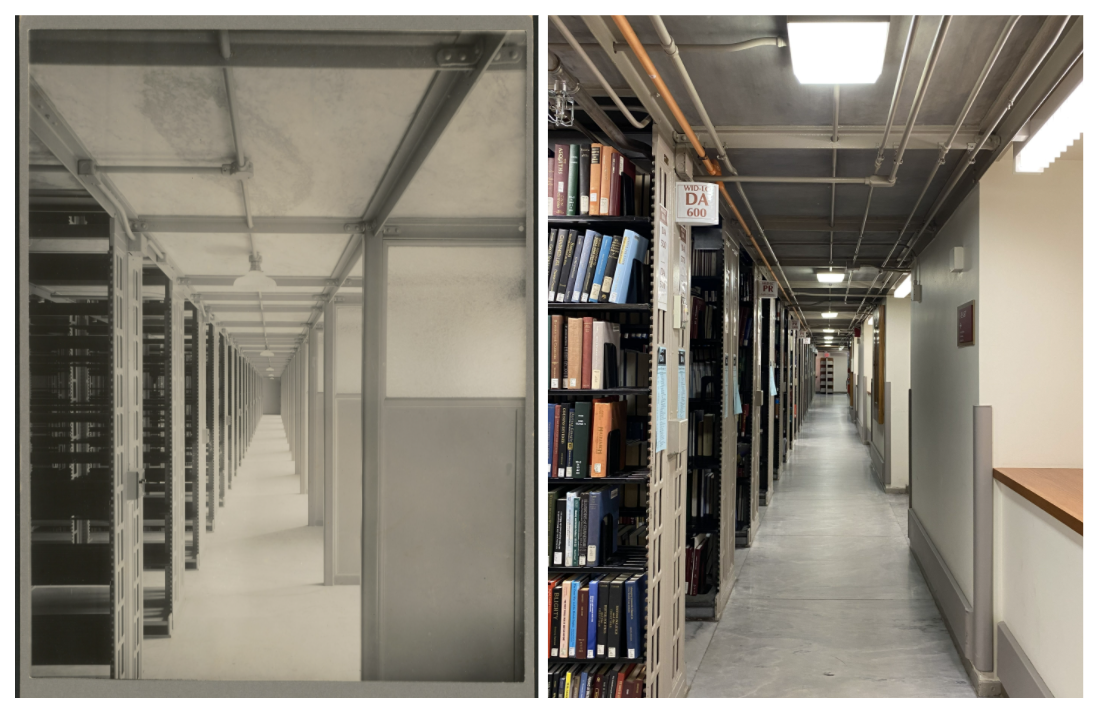 Widener Stacks, 1915 (left) and Widener Stacks, 2021 (right).