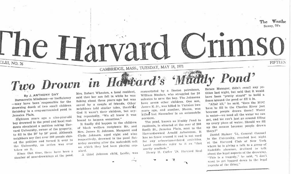 Coverage from The Crimson announced to campus that two children had drowned on University land.
