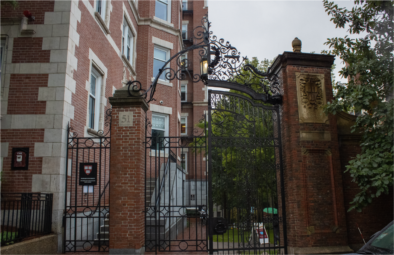Left: Gates to the offices of the Harvard Division of Continuing Education. Right: Johnston Gate leading into Harvard Yard.