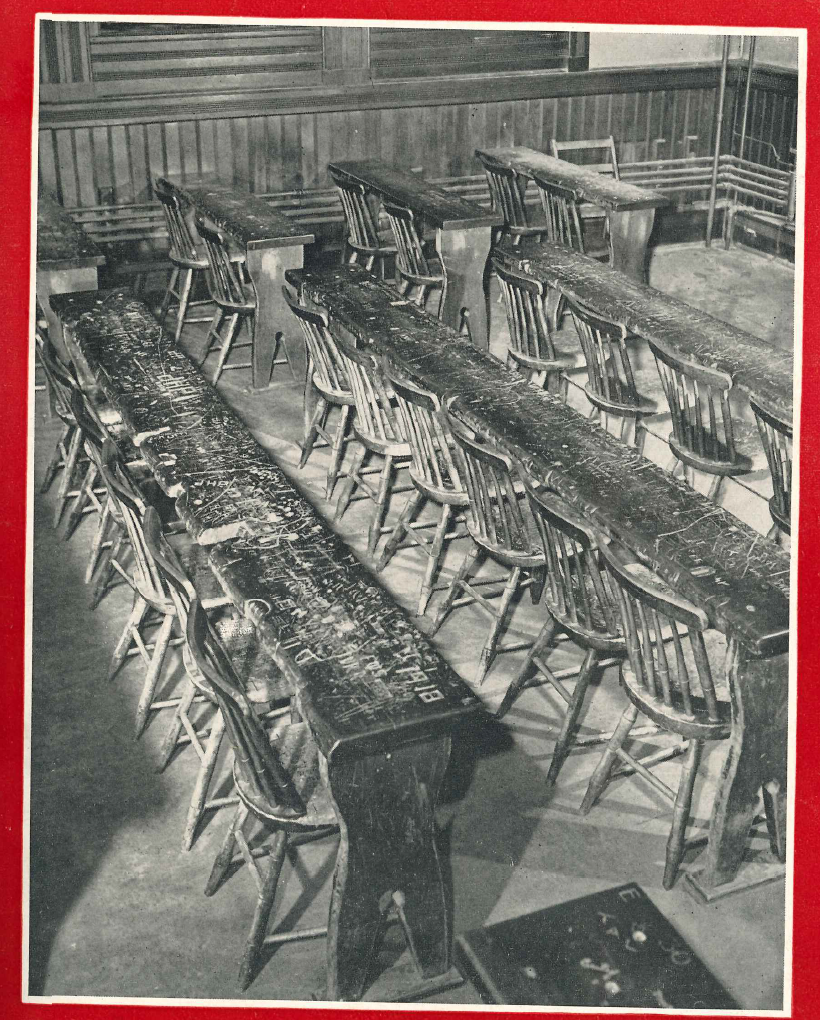 Cover of the October 22, 1949 Harvard Alumni Bulletin depicting graffiti-covered Sever benches.