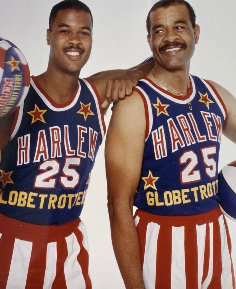 Sterling and Sterling Sr., Mason and McKenzie’s father and grandfather, pose in their Globetrotter uniforms.