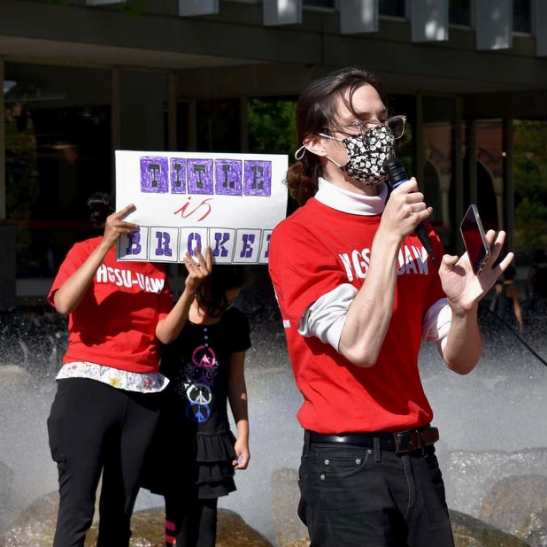Koby D. Ljunggren, pictured here at a previous HGSU-UAW rally, was elected the new president of the union.