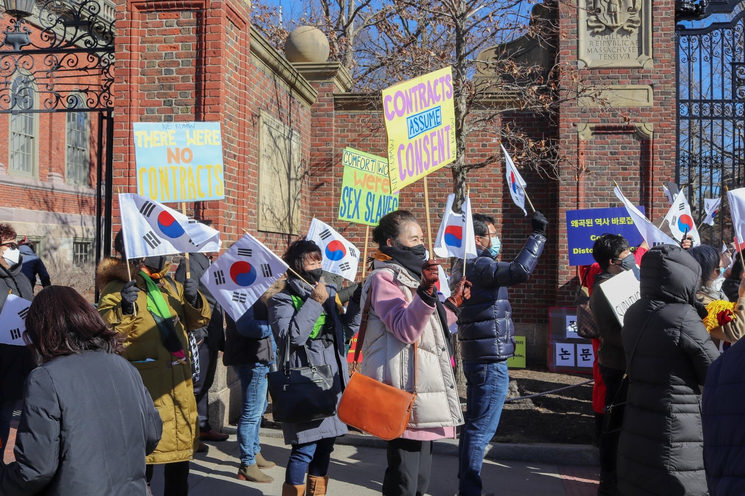 Demonstrators gathered outside Johnston Gate in March 2021 protest a controversial paper written by Harvard Law professor J. Mark Ramseyer.