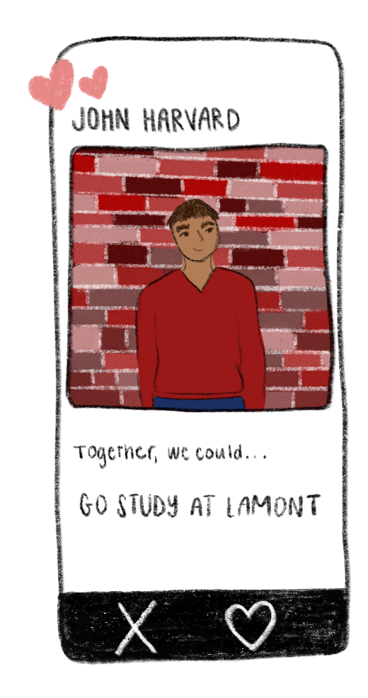 Cartoon-style drawing of an online dating app, with "John Harvard" as the highlighted profile. Below the image of the character, the question reads: Together we could... go study at Lamont.
