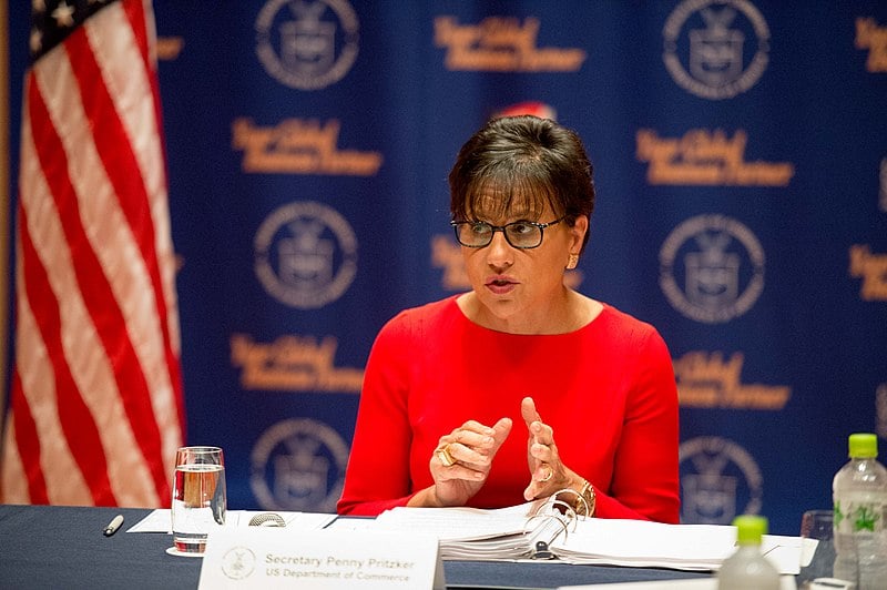 Penny S. Pritzker ’81 addresses the media in Tokyo while serving as U.S. Secretary of Commerce.