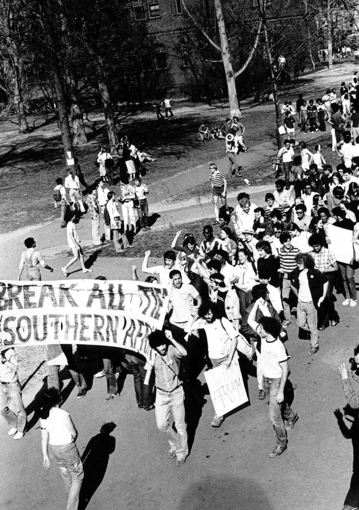 Calls for Harvard’s divestment of stock from companies linked to South African apartheid resounded in the 1980s.