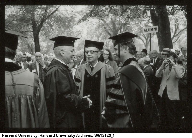 From left to right, three Harvard presidents: Nathan M. Pusey ’28 (tenure 1953 - 1971); James B. Conant, Class of 1914 (1933-1953); and Derek C. Bok (1971 - 1991).