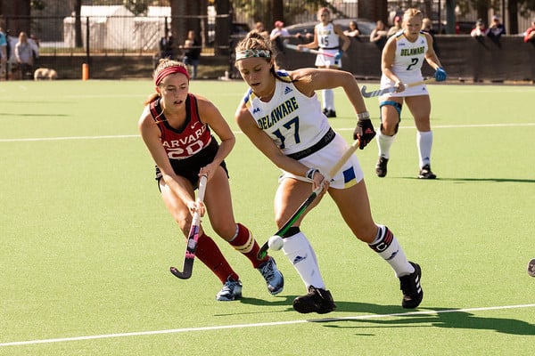 Senior captain Olivia Hoover goes head-to-head with Delaware midfielder Ashlyn Carr. The Crimson has achieved an 11-3 record so far this season.
