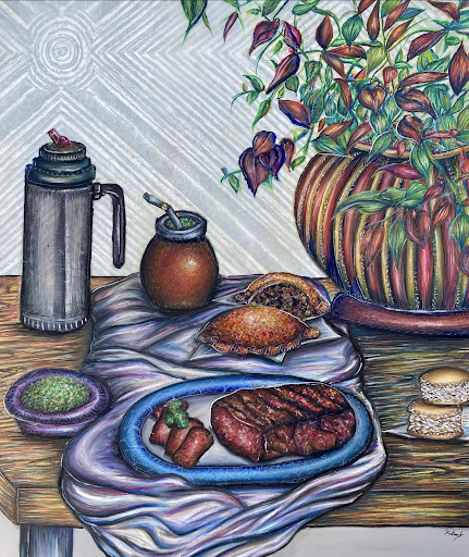 “Bodegón Argentino.” Oil pastel on mylar, 18 inches by 21 inches.