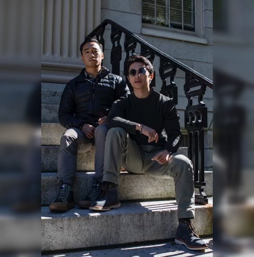 Nick and Kevin posing in Harvard Yard.