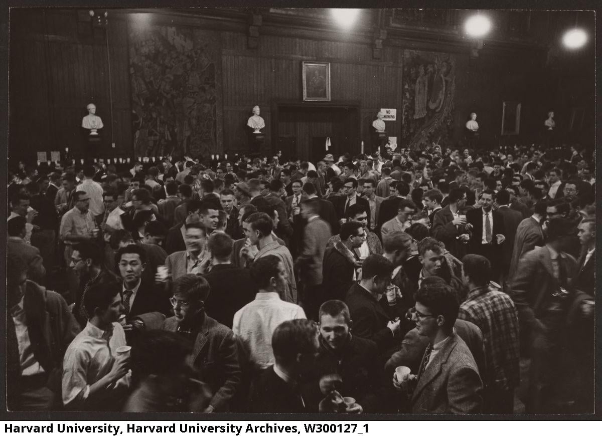 Students congregate in Memorial Hall in November, 1955, for the annual Freshman Smoker. HUPSF Student Life (208), olvwork300127.