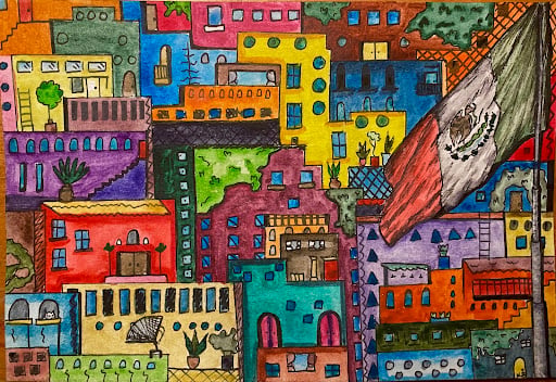 Hillside hacienda-style homes in Guanjuato. Watercolor and pen. 4 inches by 6 inches