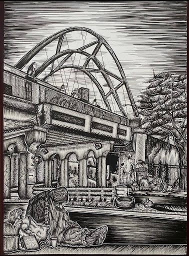 “The Purge.” 16.5" x 12.” Pen. A hyperbolic depiction of gentrification.