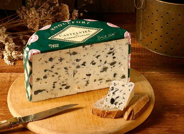 A half wheel of Roquefort Castelviel Gabriel Coulet.