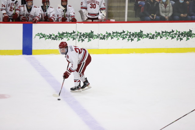 Junior forward Sean Farrell goes on the attack against Cornell on Nov. 5, 2021. Farrell is the Crimson’s leading goalscorer on the season.