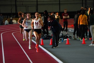 Sophmore Izzy Goudros runs in the 800-meter run at the 2023 Crimson Elite & Multi meet hosted at Gordon Track. Goudros took home first in the event with a time of 2:18.30.