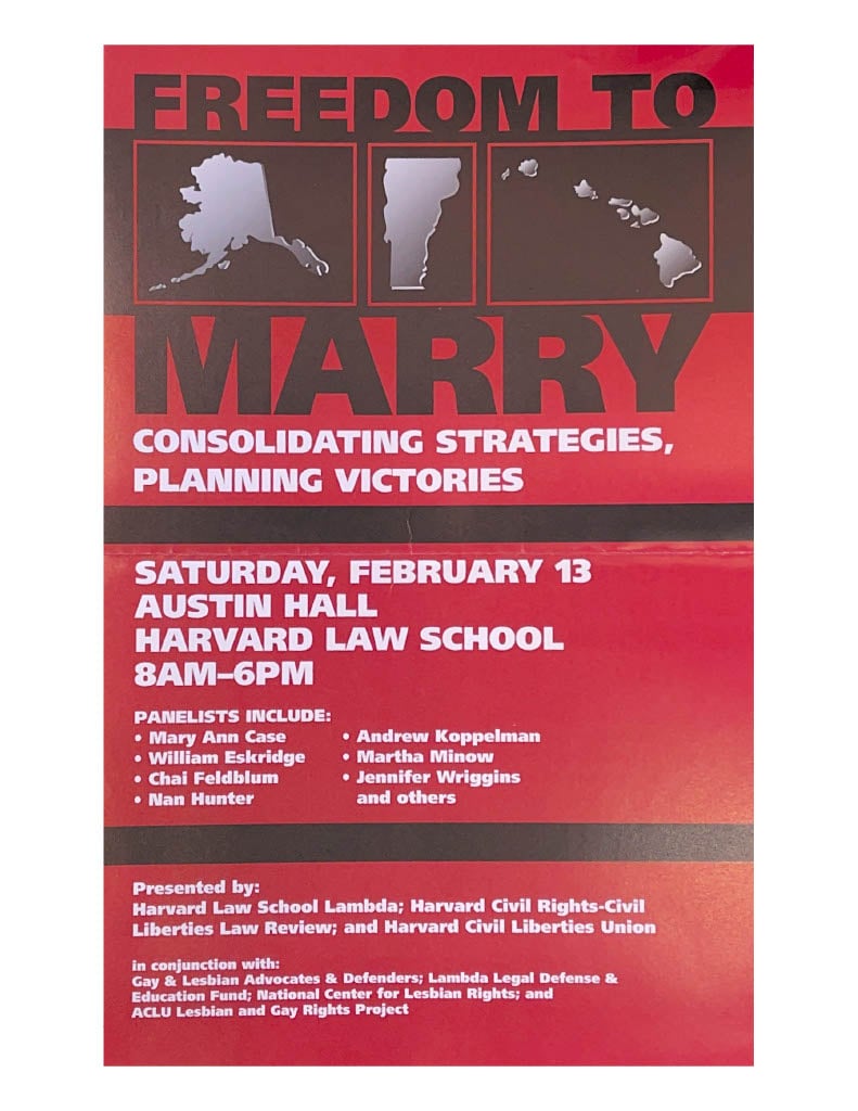An advertisement for a Lambda-sponsored event discussing same-sex marriage. Courtesy of Harvard Law School Library, Historical & Special Collections.