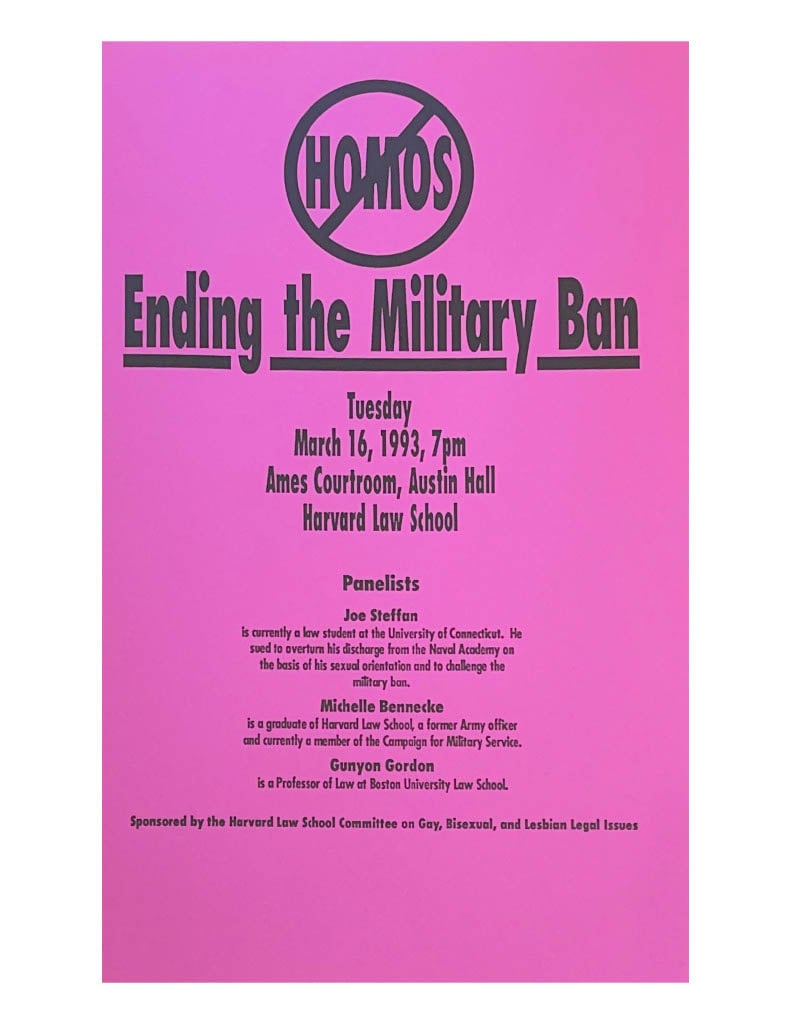 An advertisement for a panel hosted by COGBLLI (renamed Lambda later that year) to discuss bans on homosexuality in the US military. Courtesy of Harvard Law School Library, Historical & Special Collections.