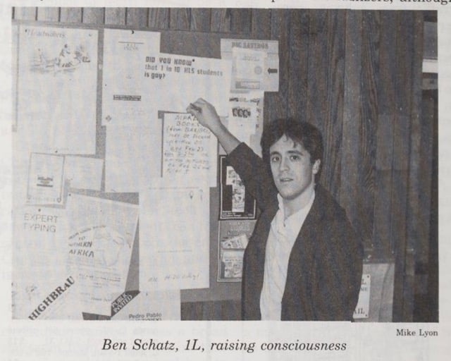 Ben Schatz photographed in the Harvard Law Record in 1983 hanging up posters on behalf of COGLLI (a renaming of COGLI) for an upcoming gay and visibility week. The caption reads “Ben Schatz, 1L, raising consciousness.” Courtesy of Harvard Library.