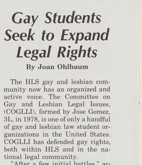 Harvard Law Record, vol. 71 no. 4 (October 17, 1980), p.2. This article was published about a year after the Committee on Gay Legal Issues (COGLI) was formed. Courtesy of Harvard Law School Library, Historical & Special Collections.
