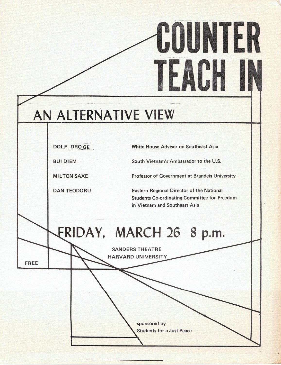 Students for a Just Peace organized a “counter teach-in” lecture given by five pro-war speakers on March 26, 1971.
