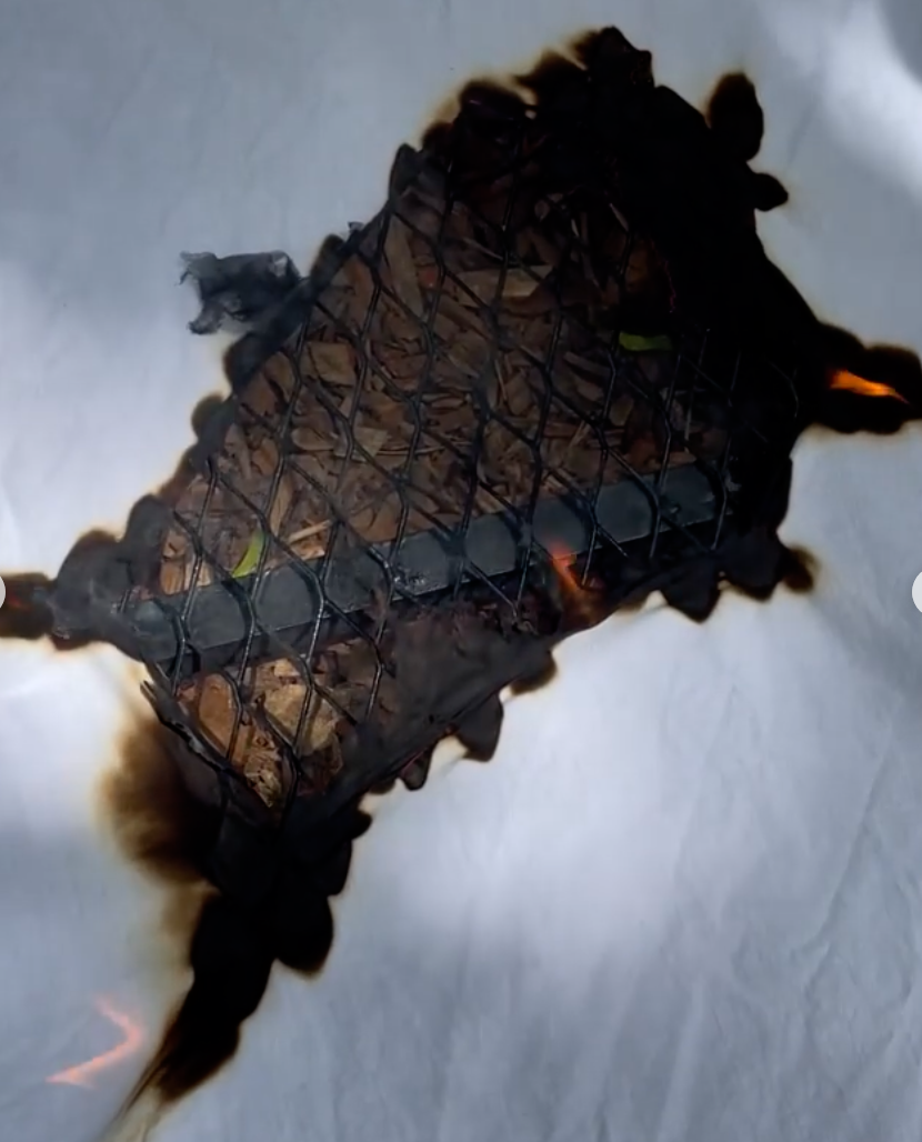 For this napalm art project, Yang and Miller plus three collaborators experimented with a flamethrower and materials that included steel rods, bamboo, paper, and fireproof fabric.