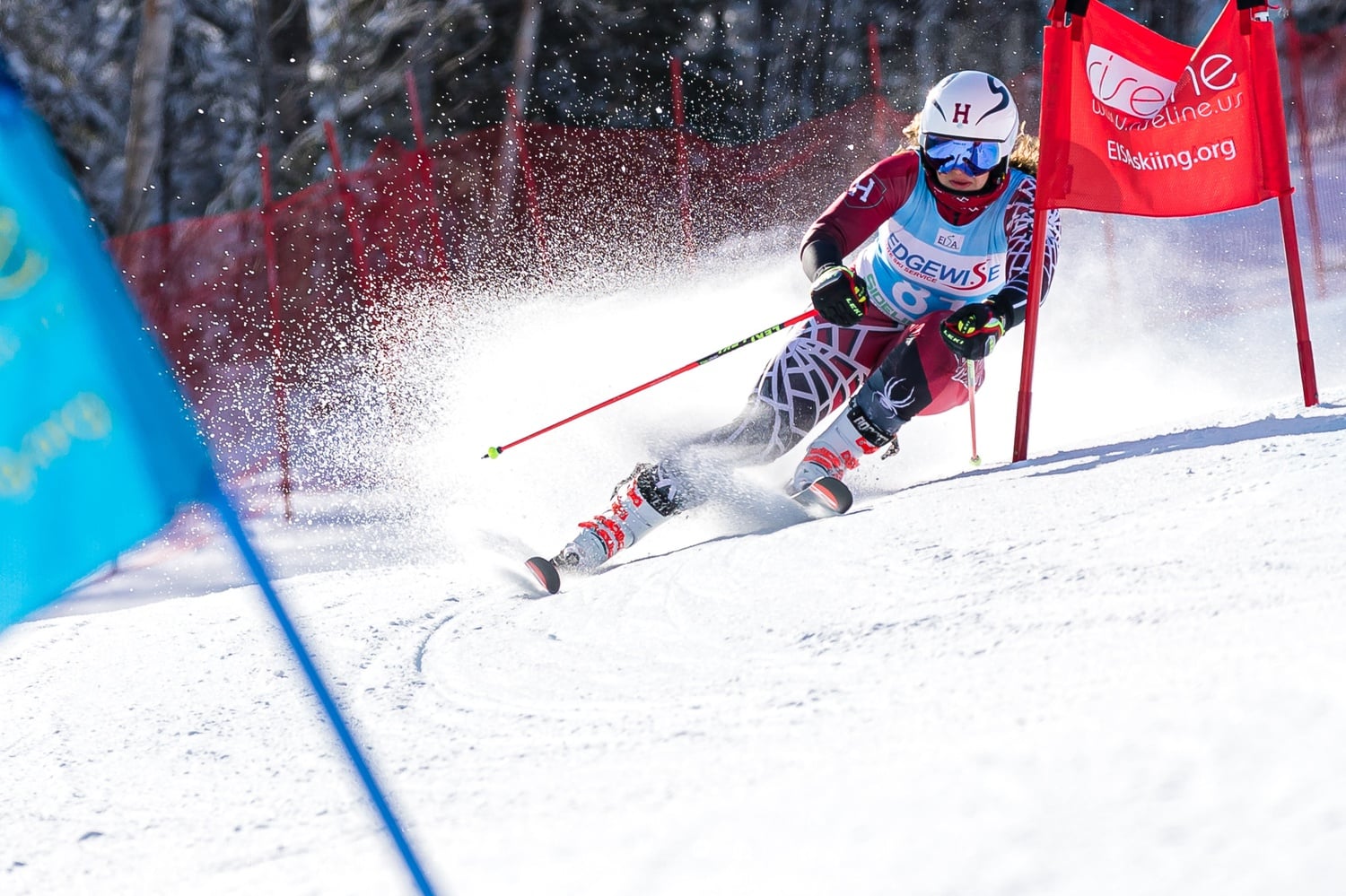 In 2020, then-senior Alpine skier Courtney Clark competes at this season's Bates Carnival. Currently, Harvard has one last carnival of the 2022-23 season in Lake Placid, N.Y. this weekend.