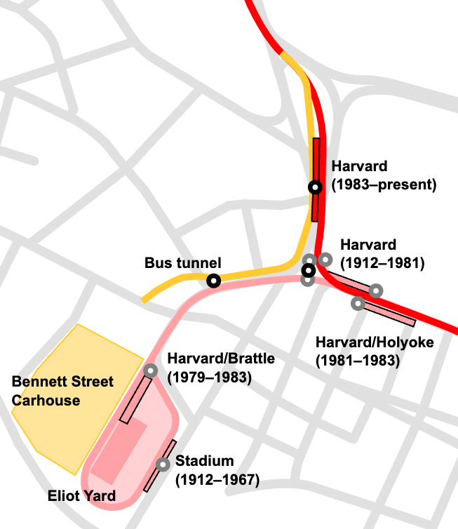 A map showing the approximate platform and headhouse locations of Harvard station and its four predecessors.