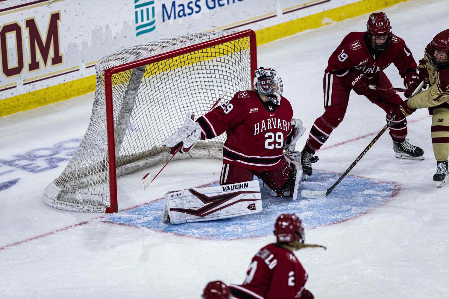 Sophomore goaltender Alex Pellicci extends to make the save against Boston College in the Women's Beanpot Semifinal on February 7th. Harvard lost to the Eagles 3-0, and suffered another loss to Boston University in the consolation game.