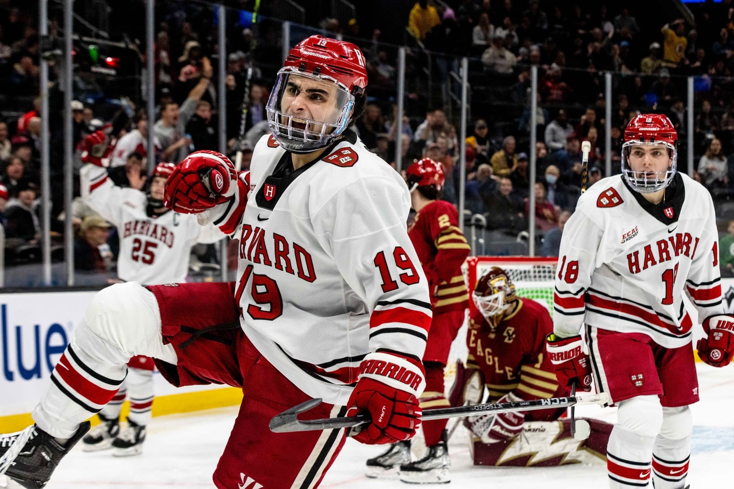 Former Harvard forward Matthew Coronato celebrates his goal in the Beanpot semifinal on February 6th against BC. Coronato has signed a three-year deal with the Calgary Flames.