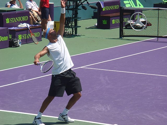 Harvard tennis legend James Blake '01 competes at the Miami Open in 2008. Blake now plays an administrative role at many of the sport's professional tournaments, alongside involvement in charitable and activist missions.