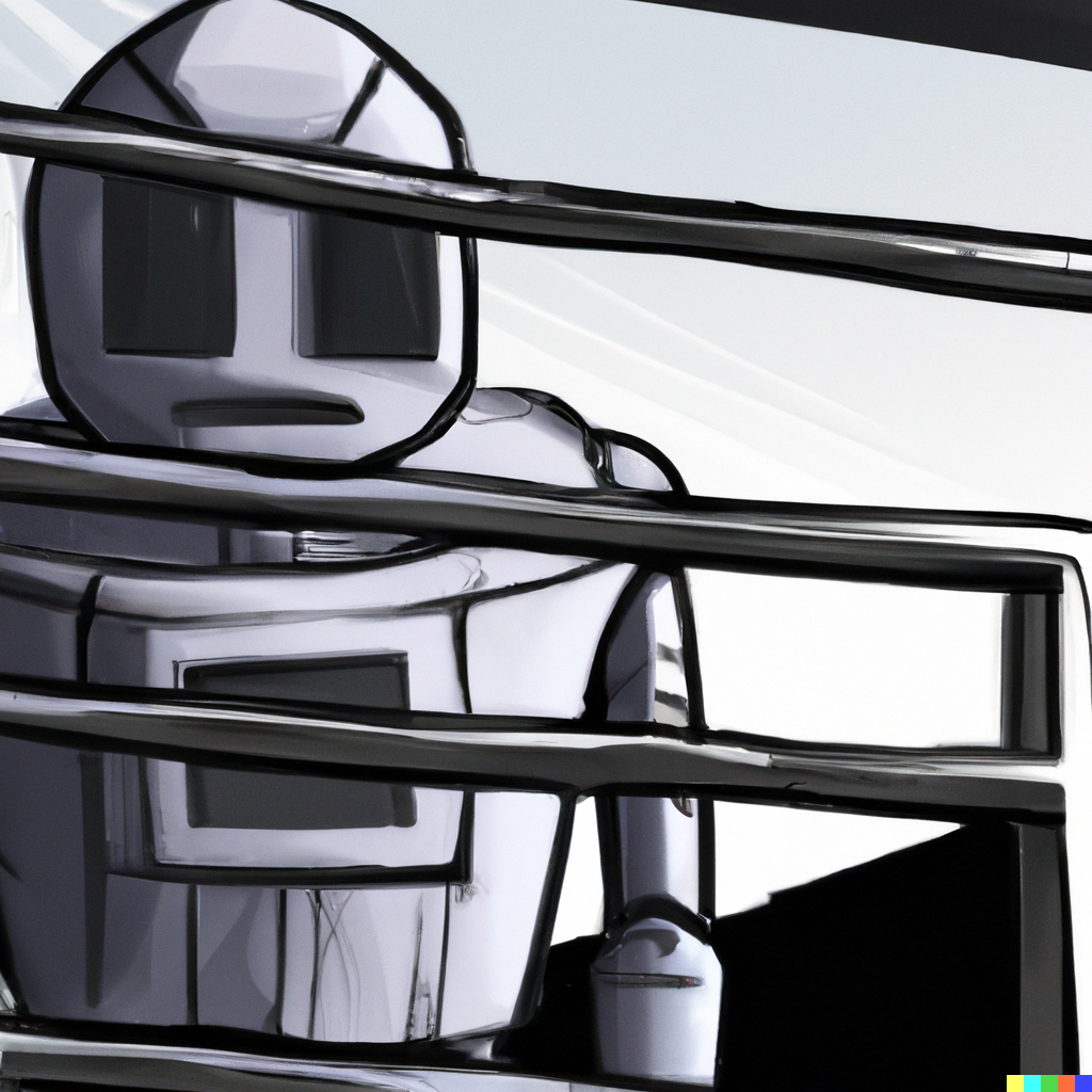 This image was generated on DALL-E using the prompt "chatbot locked up behind guardrail digital art."