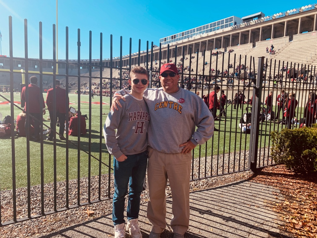 My father and I during freshman parents’ weekend in November 2019. We watched the Harvard-Dartmouth football game that Saturday afternoon, which, like Centre versus Harvard in 1921, ended in a low score of Dartmouth nine, Harvard six.