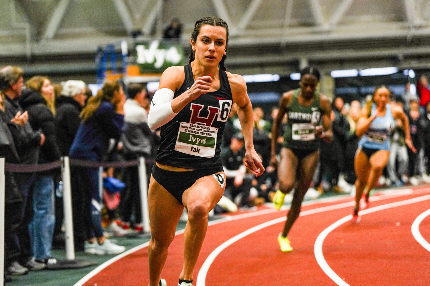 Sophomore Chloe Fair runs in the 400-meter race, taking first at 54 seconds flat to earn herself First-Team All-Ivy Honors. Fair also took second place in the 200-meter finals at 24.52, trailing another Harvard runner, senior Tina Martin.