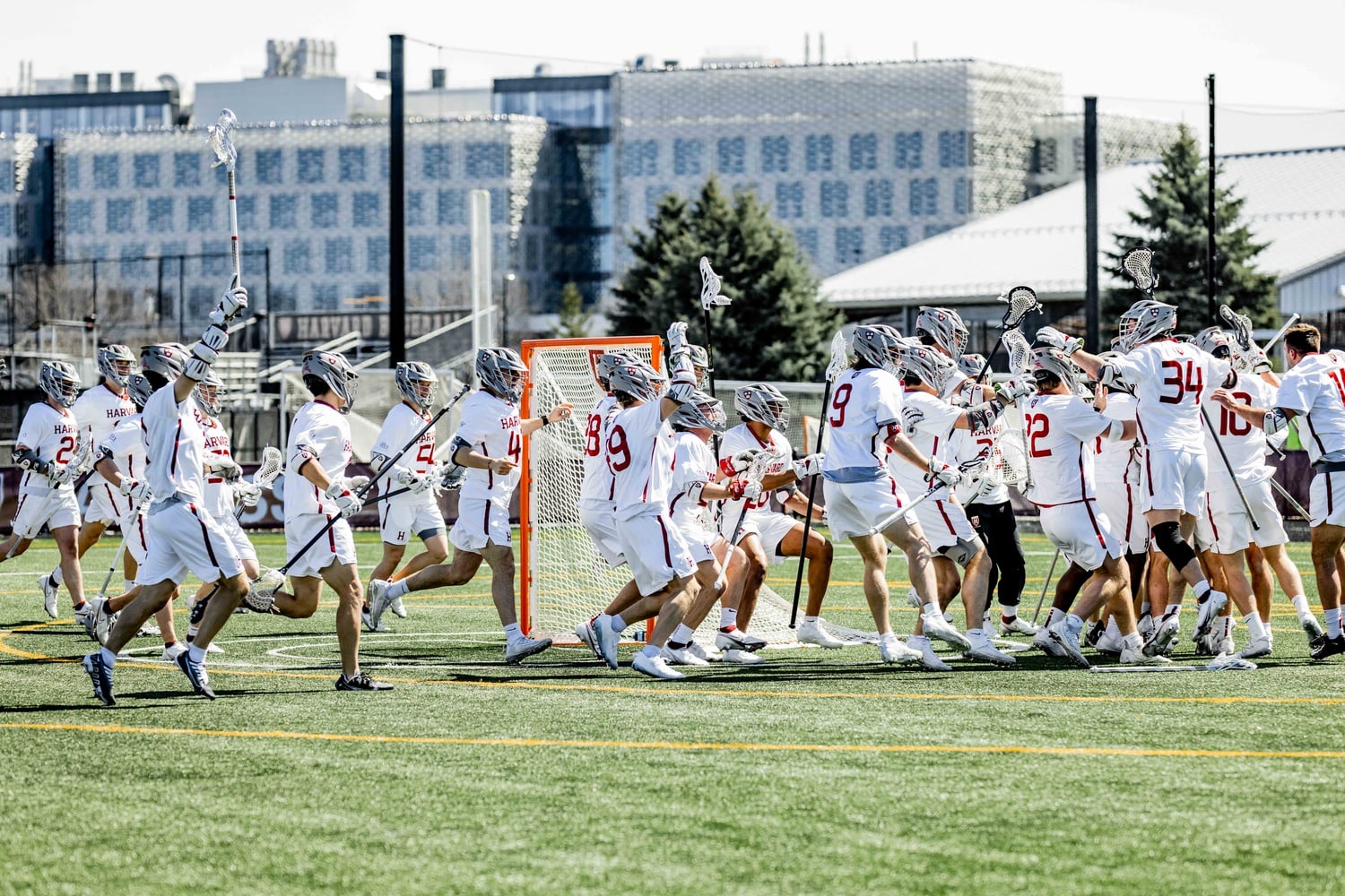 The Harvard men's lacrosse team runs to its goalie, junior Christian Barnard, who made a career-high of 16 saves in net. In a highly anticipated game, the Crimson upset Cornell 10-8.