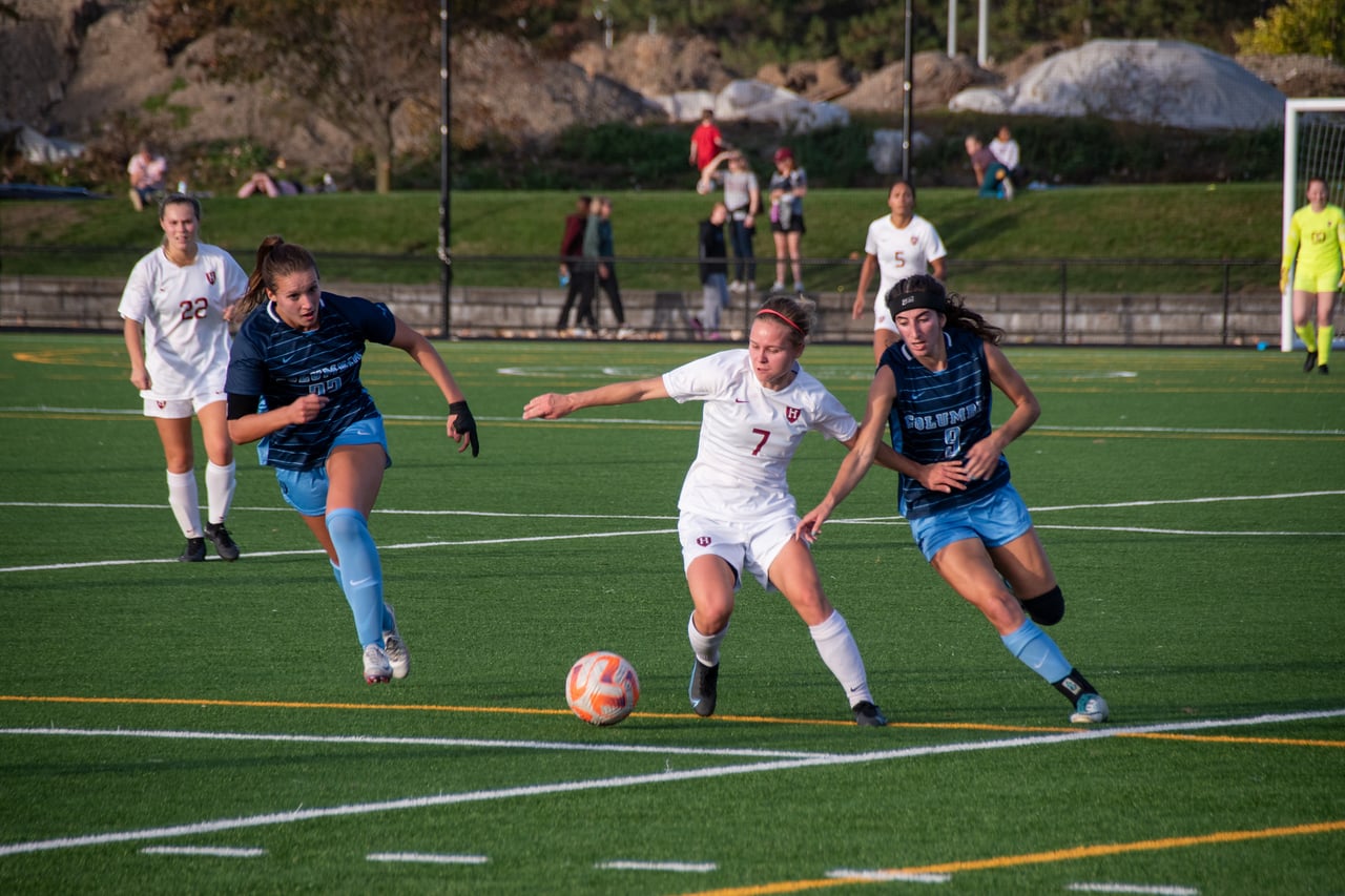 Then-sophomore midfielder Josefine Hasbo drives the ball up the field in the Crimson’s Nov. 5, 2022 match against Columbia.