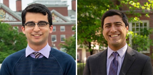Sajeev S. Kohli ’23, left, and Jay P. Garg ’24 collaborated on an initiative that will expand access to Narcan along the T’s Red Line.