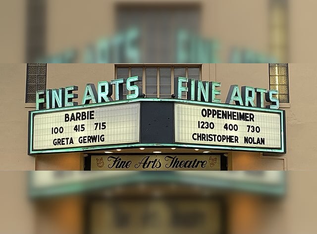 The Fine Arts Theatre in Asheville, North Carolina displaying its showtimes for Barbie and Oppenheimer, which both released on July 21st.