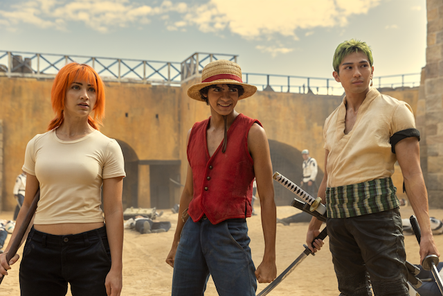 Emily Rudd as Nami, Iñaki Godoy as Monkey D. Luffy, and Mackenyu Arata as Roronoa Zoro in season 1 of Netflix's "One Piece."