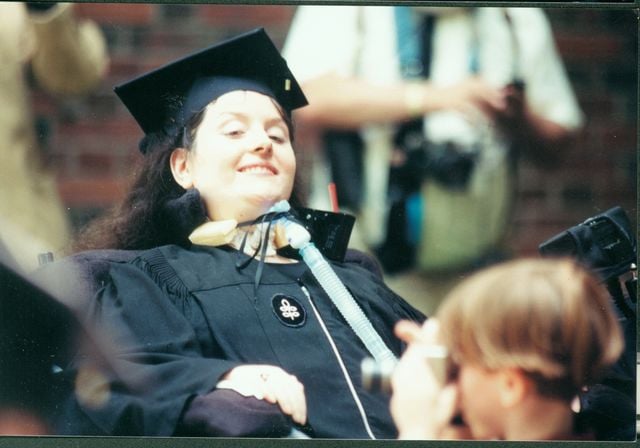 Brooke M. Ellison ’00 was the first quadriplegic person to attend Harvard. During her commencement speech, she reflected on her time at the College, saying: “There were times when I thought for sure that the statue of John Harvard was looking right at us and saying, ‘What in Heaven’s name are you doing here?’”