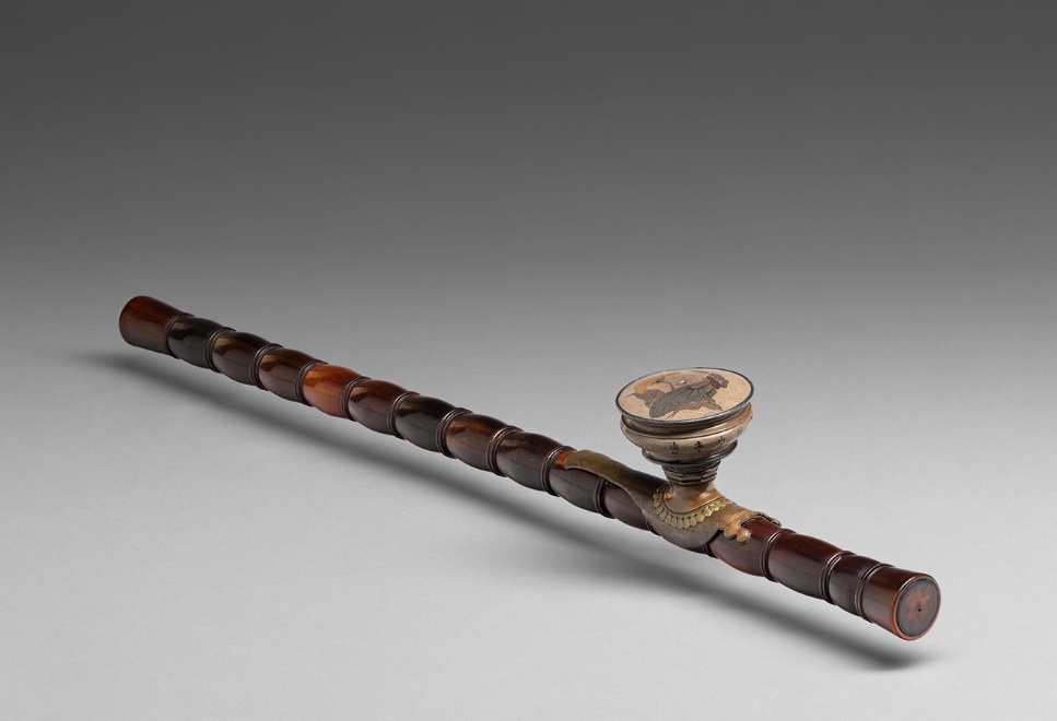 Opium pipe, China, Qing dynasty to Republican period, inscribed with cyclical date corresponding to 1868 or 1928. Water buffalo horn, metal, and ceramic. Harvard Art Museums/Arthur M. Sackler Museum, Bequest of Grenville L. Winthrop, 1943.55.6. © President and Fellows of Harvard College.