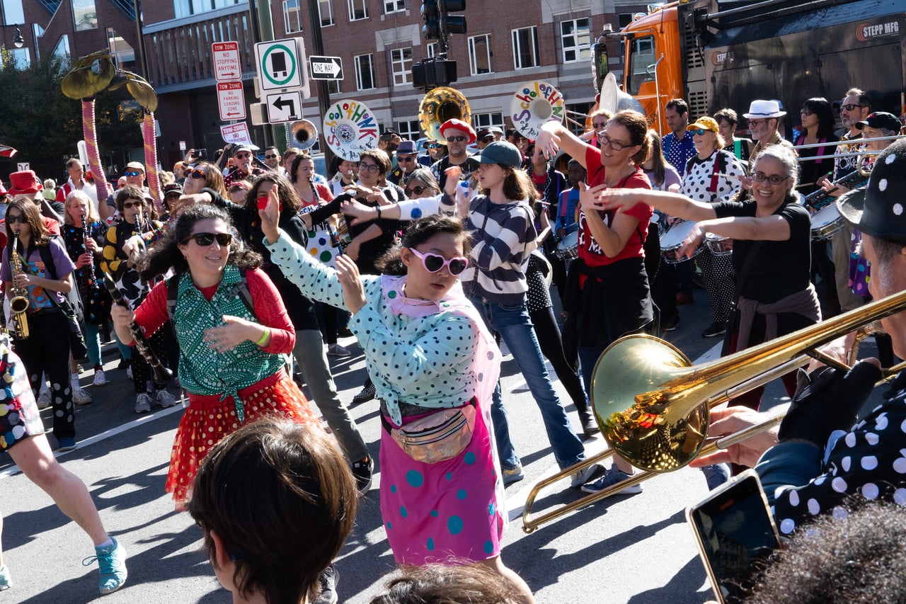 Dancers and musicians crowded into Harvard Square streets on Sunday for Oktoberfest and the Honk! Parade.